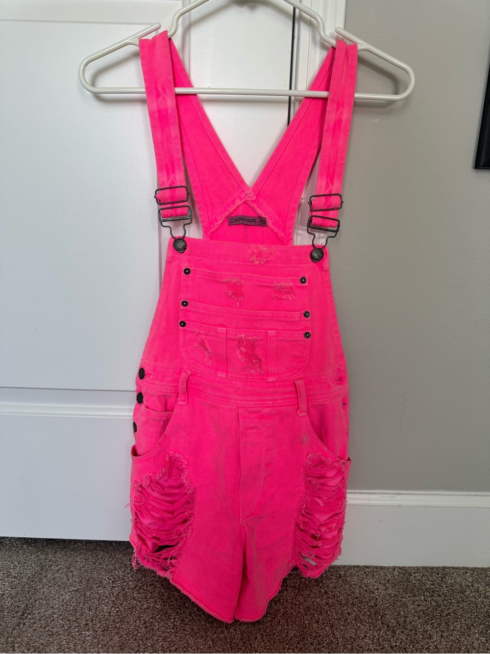 LF RARE Neon Pink Carmar Distressed Short Overalls